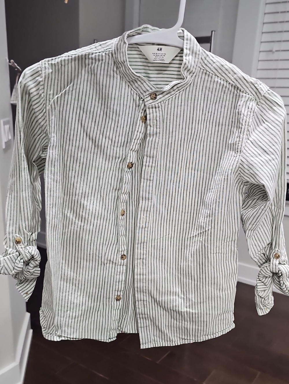 H&M Boys White Shirt with Green Pinstripes Band Collar